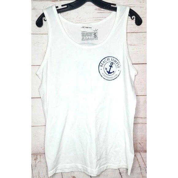 Beach Simple Logo Cotton Blend U.S.A Made Small White Blue Graphics Tank Top - Picture 1 of 8